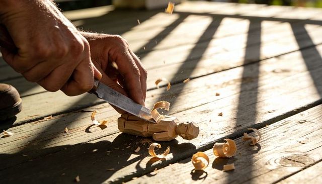 Hands carving wooden figurine on sunlit deck with wood shavings, chisel and rugged shadows