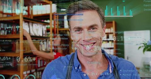 Smiling small business owner wearing apron standing in retail shop with data overlay