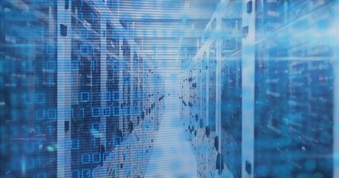 Futuristic data center with binary code overlay luminescent server racks