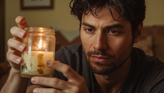Man holding glass jar candle studying flame on couch, cozy intimate warm amber lighting