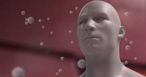 Virus cells surround human head symbolizing health risks