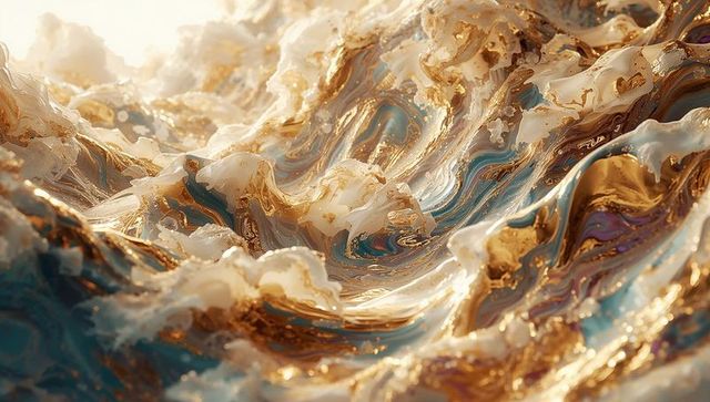 Shimmering Metallic Fluid Waves in Abstract Design with Gold Hues