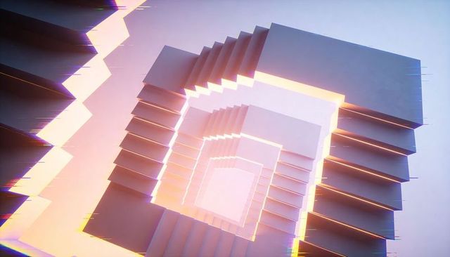 Neon-lit geometric spiral with layered slabs and radiant core, futuristic tunnel