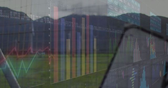 Digital Dashboard Overlaid on Scenic Landscape with Charts
