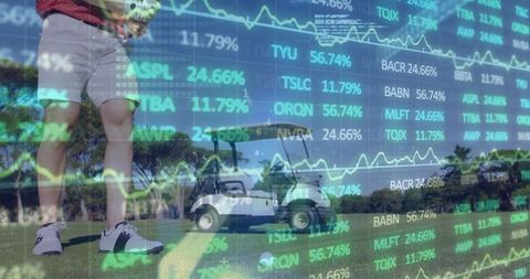 Golfer on Green with Dynamic Stock Market Overlay Signs