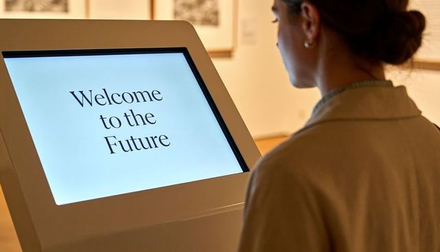 Visitor viewing welcome to future touchscreen kiosk in museum gallery, contemplative technology scen