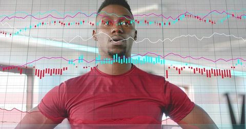 Fitness analytics overlay on focused gym athlete tracking performance with digital charts