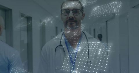 Futuristic physician adjusting stethoscope in hospital corridor with data overlay