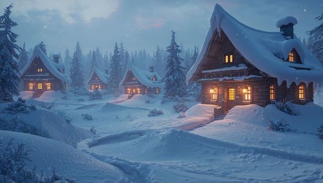 Rustic Snow-Covered Cabins Glowing in Winter Night