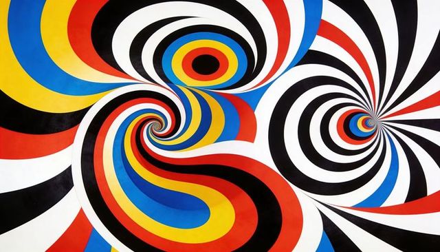 Psychedelic spiral vortex abstract art with bold red blue yellow black ribbons