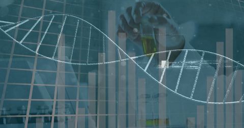DNA Strand and Scientist with Digital Data Elements in Lab