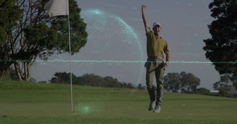 Golfer jumping and celebrating after putt near flagstick with teal data arc overlay
