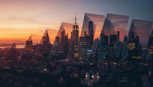 New york city dusk skyline with artistic triangular overlays