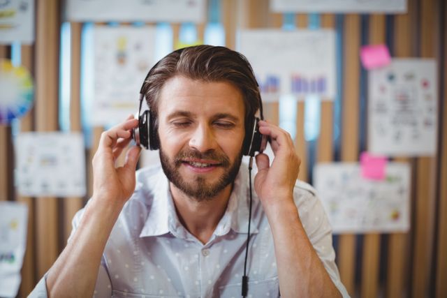 Male graphic designer wearing headphones, enjoying music while working in a creative office environment. Ideal for use in articles or advertisements related to workplace culture, creative professions, productivity, and relaxation techniques at work.