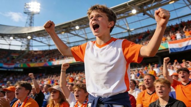 Teen fan celebrating victory standing on seat cheering loudly shouting in sunlit stadium