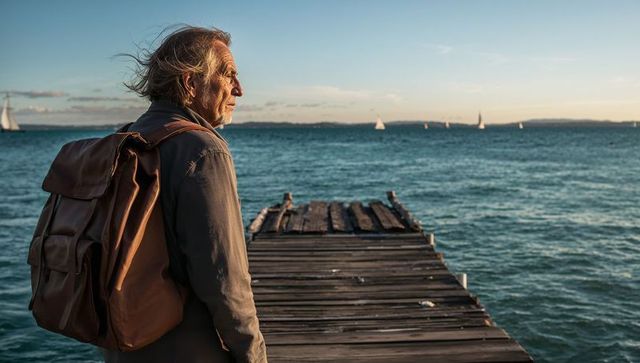 Senior man standing on weathered pier gazing at sailboats during golden hour with leather backpack