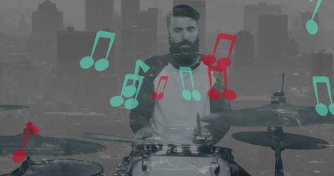 Bearded Drummer in Cityscape with Colorful Music Notes Overlay - Download Free Stock Images Pikwizard.com