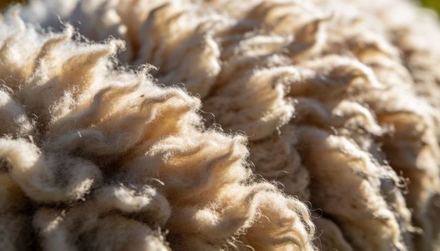Sunlit cream sheep fleece close-up showing wool fibers rustic macro texture