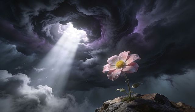 Solitary pink daisy blooming on rocky cliff under dramatic storm beam, catching dew and light
