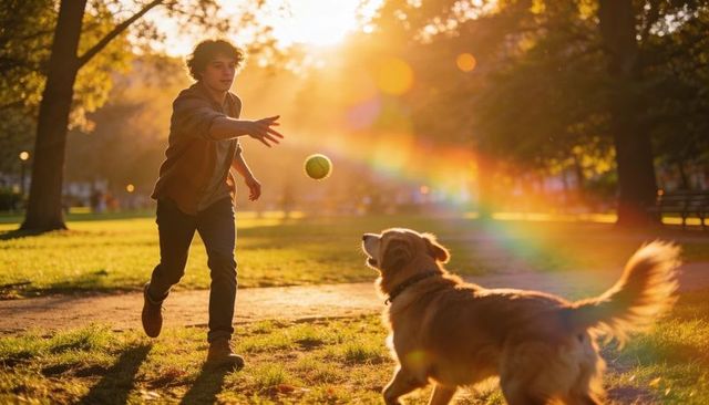 Teen tossing tennis ball for golden retriever at sunset in park with warm lens flare