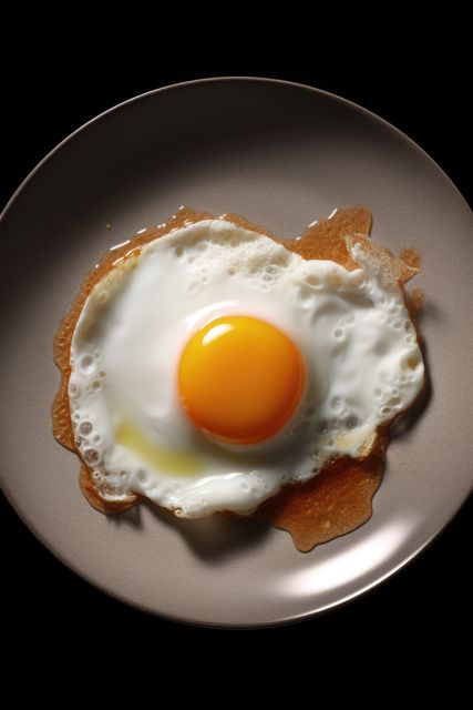Bright yellow yolk of sunny side up egg on grey plate, simple and appetizing. Ideal for breakfast promotions, cooking websites, café menus or food blogs showcasing healthy protein-rich meals.