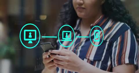 Woman Syncing Devices Through Smartphone for Digital Connectivity