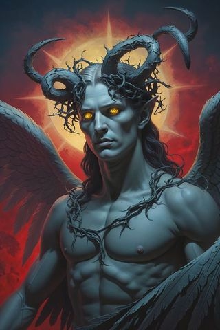Majestic horned entity with wings against fiery red sky
