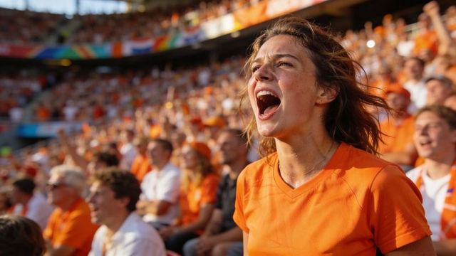 Young woman cheering in orange fan jersey at packed outdoor stadium during match