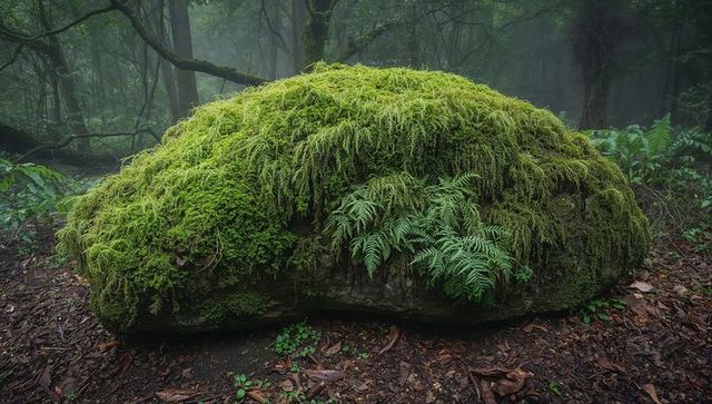 Moss-covered boulder nestling in misty temperate forest with lush ferns