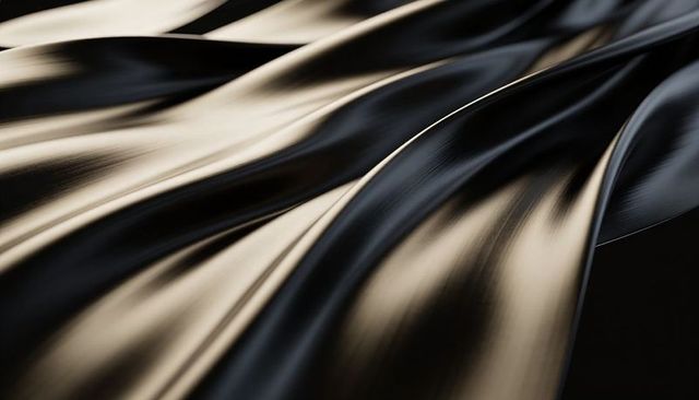 Glossy Black Satin Drapery with Gold Highlights and Fluid Metallic Folds for Branding