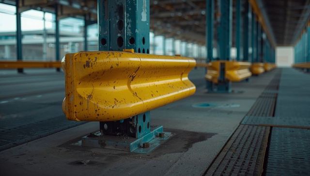 Industrial metal structure with yellow impact buffer in warehouse