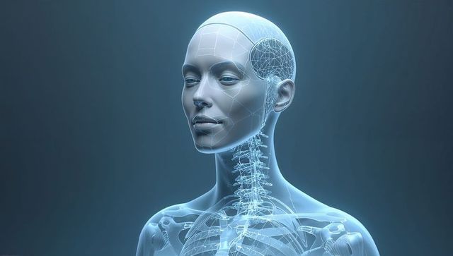 Translucent Female Android Portrait Showing Wireframe Brain, Neural Pathways and Skeleton