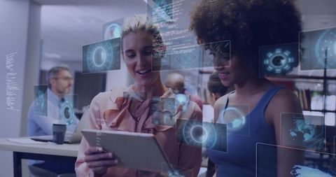 Professional Woman Analyzing Technology with Holographic Interfaces