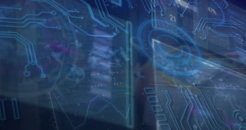 Digital Interface Hologram in Server Room of Tech Worker