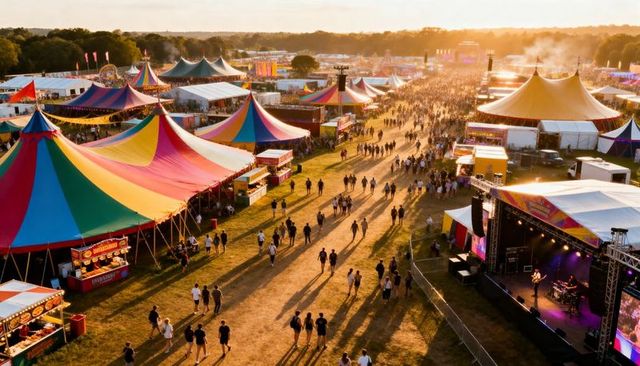 Sunset music festival with colorful big-top tents, outdoor stages, vendors and crowds