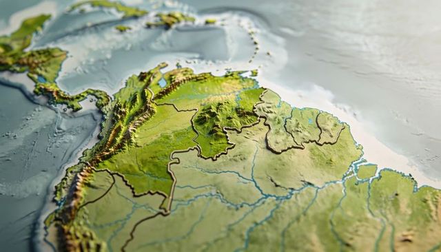 3d relief map northern south america showing andes and amazon basin with political borders