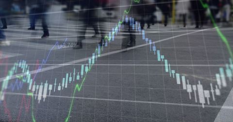 Digital Financial Graphs Overlaying Busy Urban Crosswalk