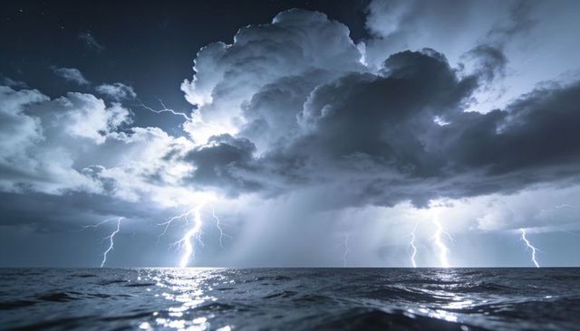 Night ocean thunderstorm with multiple lightning strikes under towering cumulonimbus clouds