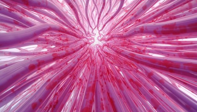 Converging translucent pink tubes flowing toward bright central aperture with red droplets