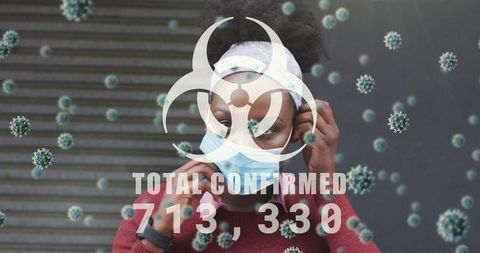 Black woman adjusting surgical mask with biohazard overlay and confirmed cases counter