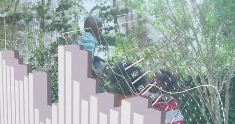 Family Studying Data Visualizations on Balcony with Currency Overlays