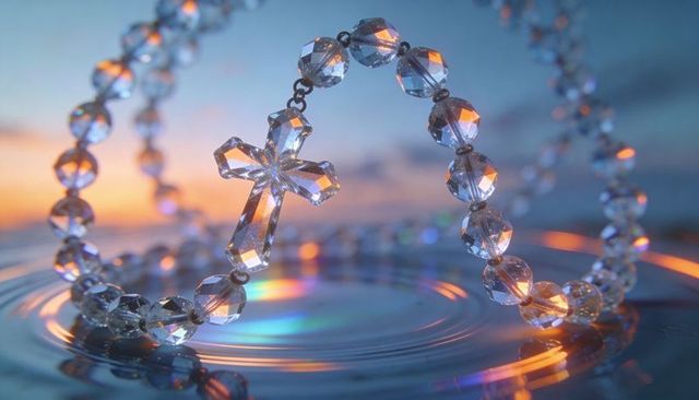 Crystal rosary cross sparkling and reflecting sunset light on rippling water surface