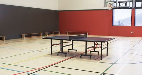 Table tennis table in spacious gymnasium sports arena