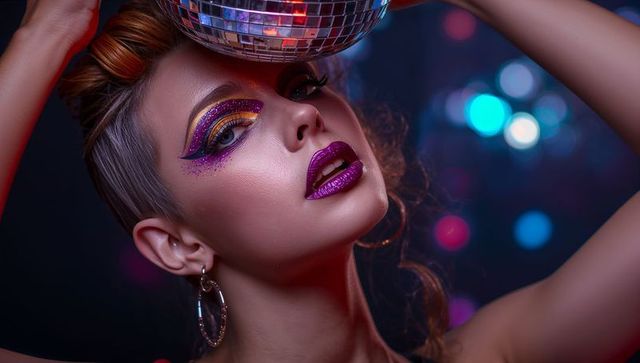 Glamorous Model with Glitter Makeup and Disco Ball in Vibrant Studio