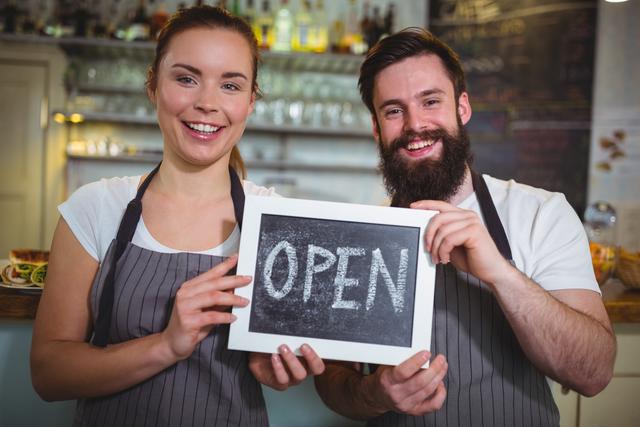 Portrait of waitress and waiter standing with open sign board in cafe