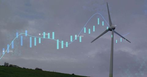 Wind turbine displaying digital analytics overlay over rural hillside with overcast sky
