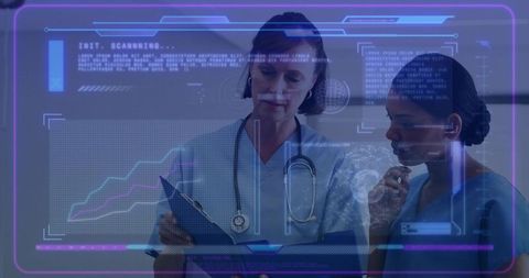 Clinicians reviewing clipboard with holographic medical data overlay, teamwork and mentorship