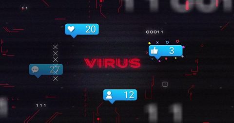 Glitching digital interface with virus alert signifying cybersecurity threat