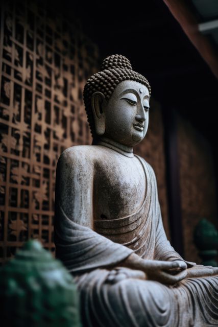 Image depicts a serene Buddha statue situated in a traditional Asian temple. This statue exudes calm and peace, perfect for representing concepts of meditation, mindfulness, and spiritual wellness. Use this image for themes related to spirituality, Asian culture, or interior decor ideas involving traditional elements.