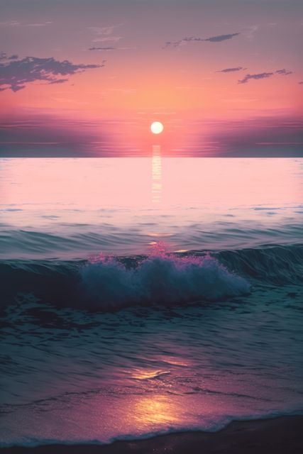 Stunning sunset casting pink and orange hues over calm ocean waves. Ideal for travel blogs, relaxation content, wallpapers, meditation visuals, and nature-themed projects. Perfect for evoking tranquility, peace, and the beauty of seaside evenings.